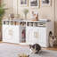Mobilier moderne pour litière avec bac coulissant et griffoir, grand compartiment double dissimulé pour plusieurs chats, meuble télé convertible avec portes magnétiques, maison pour chat avec étagères ouvertes et prise électrique intégrée, blanc