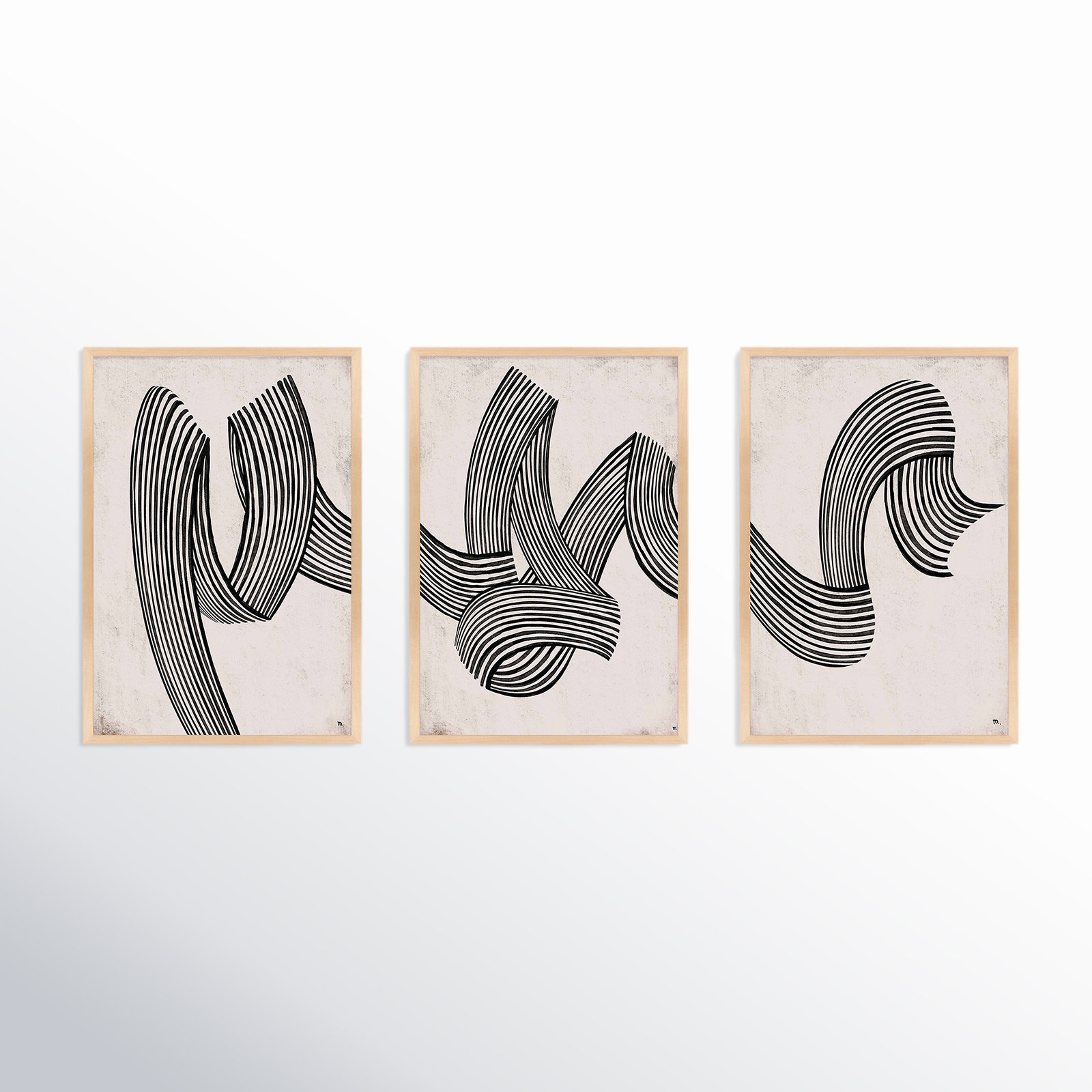 Menton Linework by Studio M - 3 Piece Picture Frame Print Set, 20" H x 28" W, Maple
