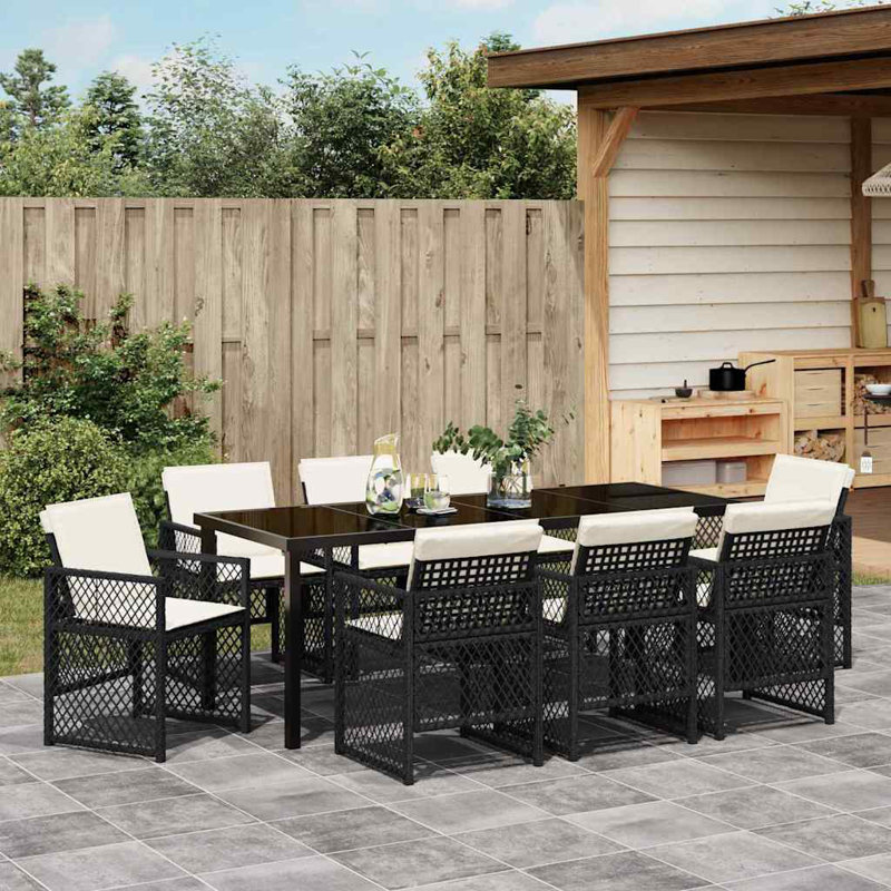 Emiya 8 - Person Patio Dining Set with Rectangular Table, Beige Cushion/Black Frame