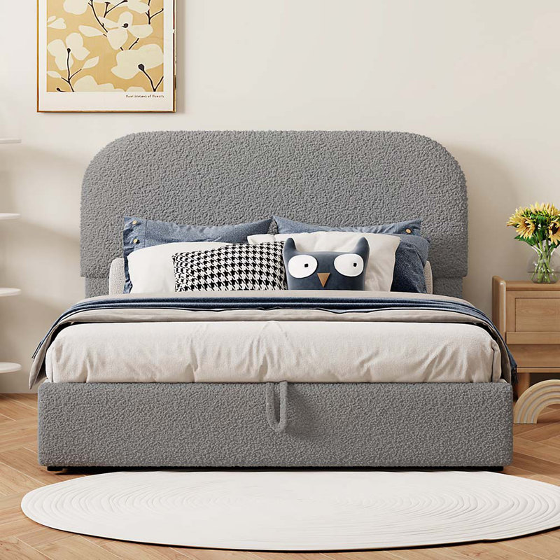 Lit rembourré Teddy avec rangement relevable, Lit double, Blanc