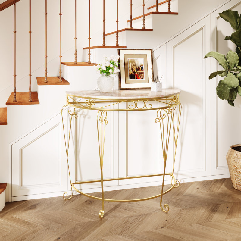 35.4'' Half Moon Metal Sofa Console Table with Ornate Scroll Legs