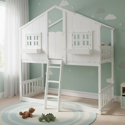Solid Wood Twin Over Twin House Bunk Bed with Roof& Window, Floor Bunk Bed with Safety Guardrails for Boys& Girls by Harriet Bee