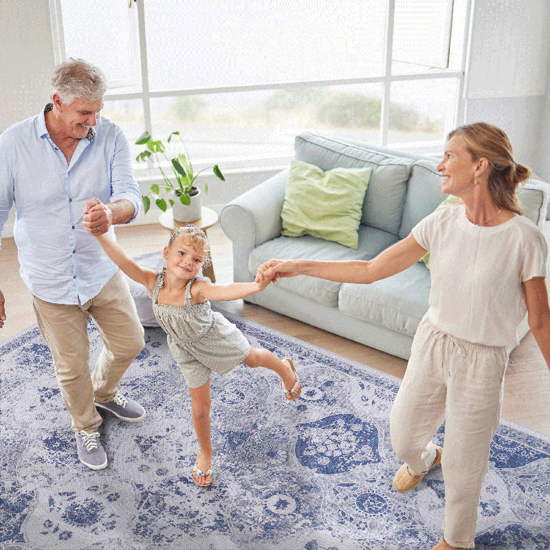 Washable Blue Area Rug (8' X 10'), Rectangle 8' x 10'