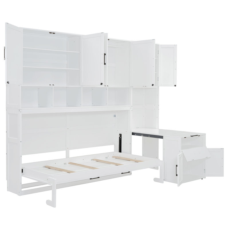 Lit escamotable mural simple avec placard, tiroirs et bureau - blanc