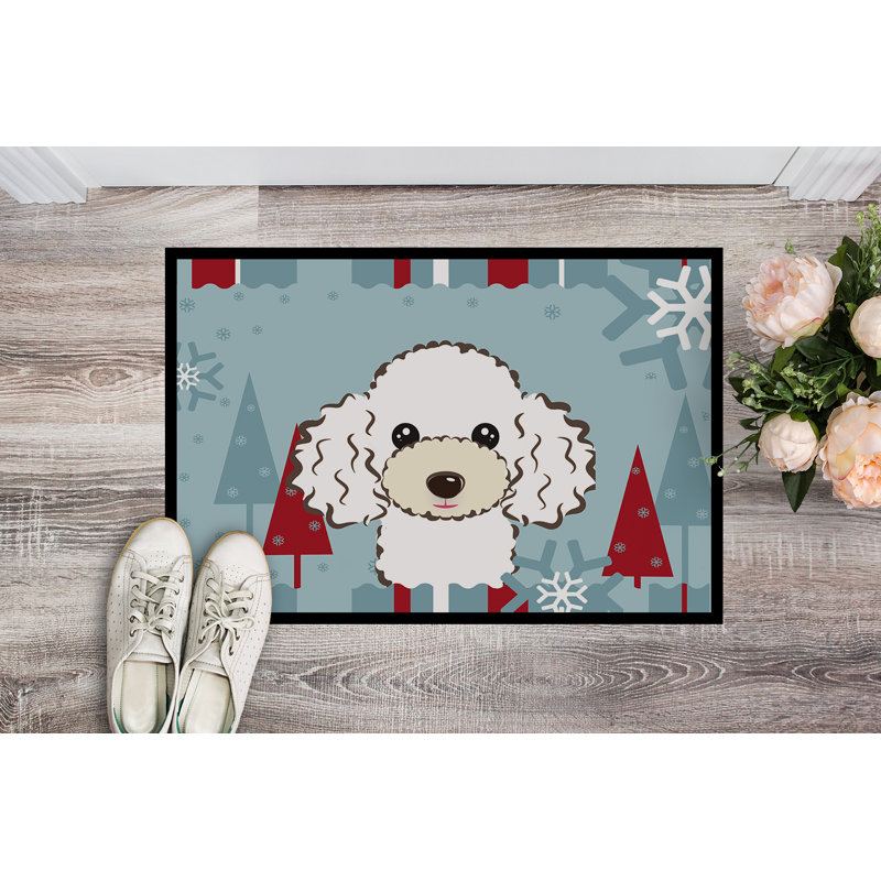 Tapis pour porte d’extérieur antidérapant caniche de noël winter, Blanc / bleu, Rectangle 2 pi x 3 pi