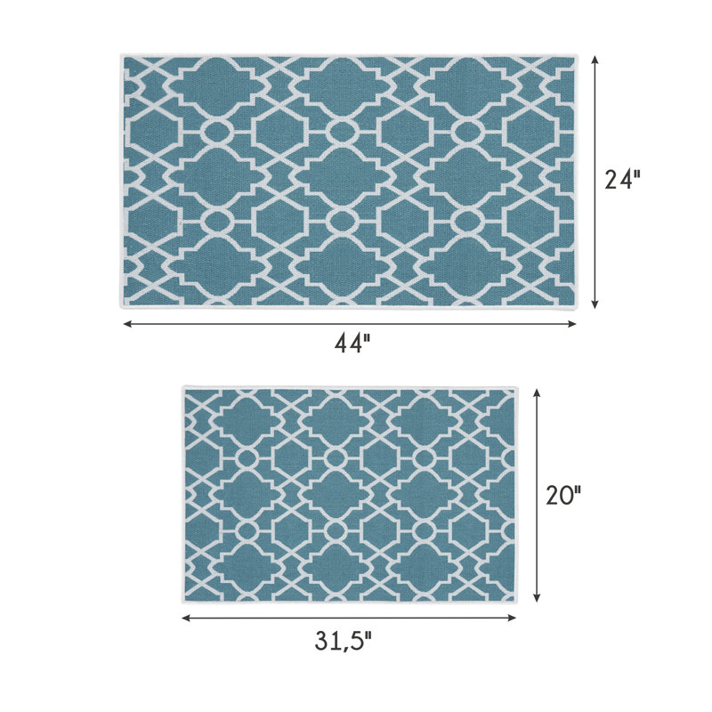 Devlen Geometric Non-Skid Kitchen Mat, Teal