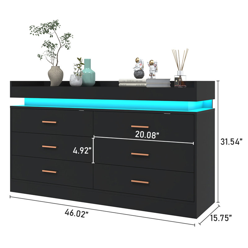 Hawah 6 Drawer Dresser (Two Sizes Available) with Charging Station and LED Light Strip, Black
