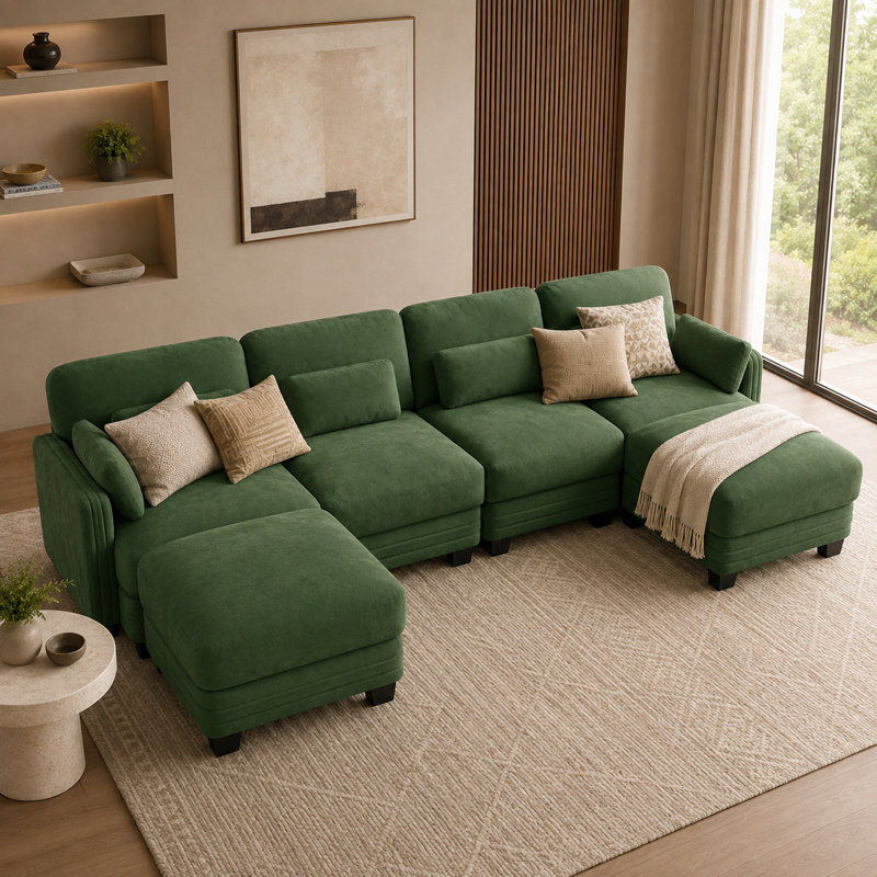 Canapé d'angle Channell 4 places en forme de U, capitonné, avec 2 poufs amovibles, canapé modulable moderne et minimaliste, revêtement Thickille, mousse haute résilience, assise matelassée