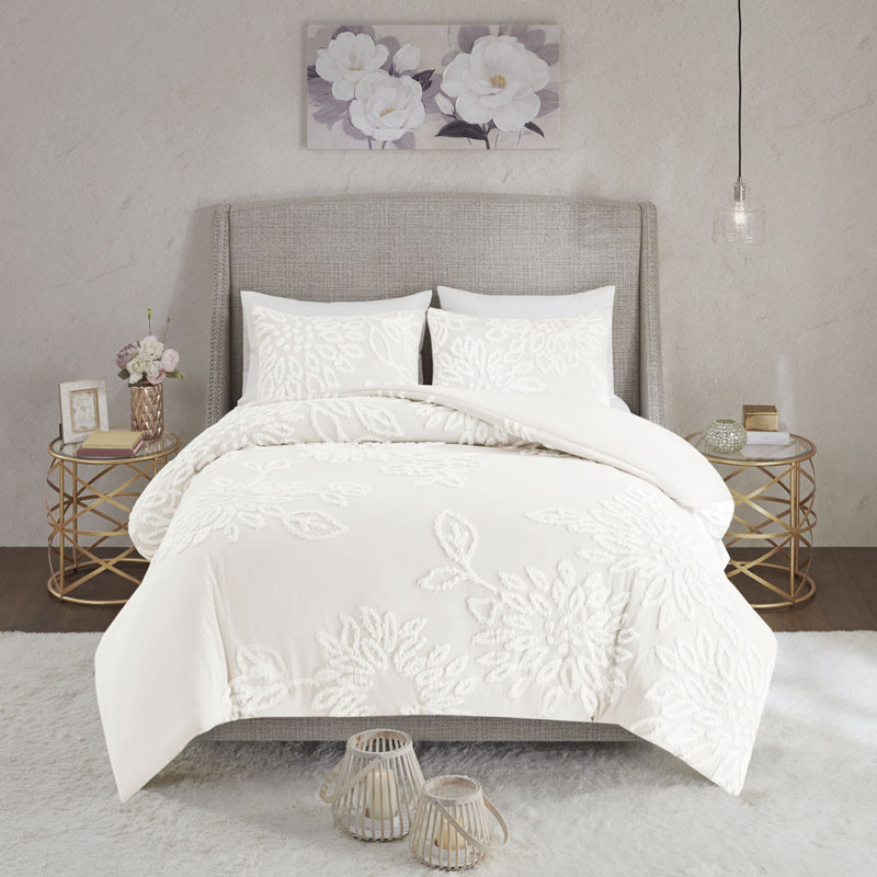 Ensemble d'édredon 100% chenille capitonné 100% coton blanc cassé Askey, Édredon double / grand + 2 taies décoratives sta