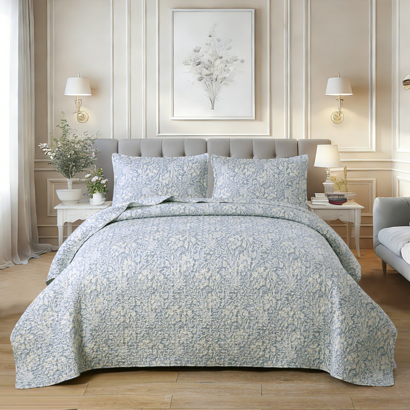 SLEEPBELLA Bluish Grey Botanical Quilt Set Queen Size 3Pcs, Bluish Grey Printed with Beige Leaves Pattern, All Season Lightweight Coverlet Sets