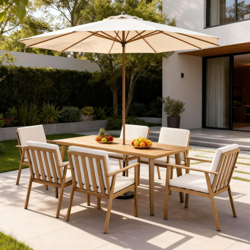 Ensemble de salle à manger d'extérieur 7 pièces en teck et aluminium avec table rectangulaire et chaises de jardin avec coussins