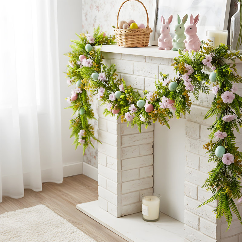Décorations pour guirlandes de baies de 5,9 pi de fleurs avec œufs de Pâques et guirlandes de vignes florales pour cheminée, manteau, table et intérieur
