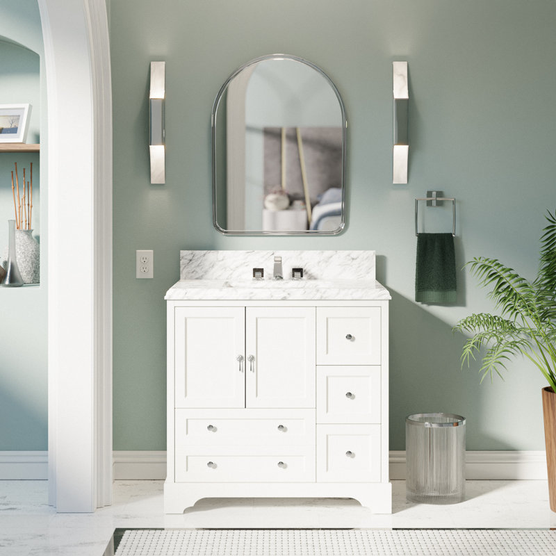 Tilford 36" Single Bathroom Vanity Set with White Cabinet and Carrara Marble Countertop, White, Carrara Marble
