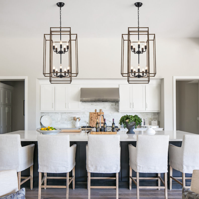 2-Tiers Large 10- Light Dimmable Farmhouse Lantern Square/Rectangle Chandelier, Black/Brown, 30.71" H x 19" W x 19" D