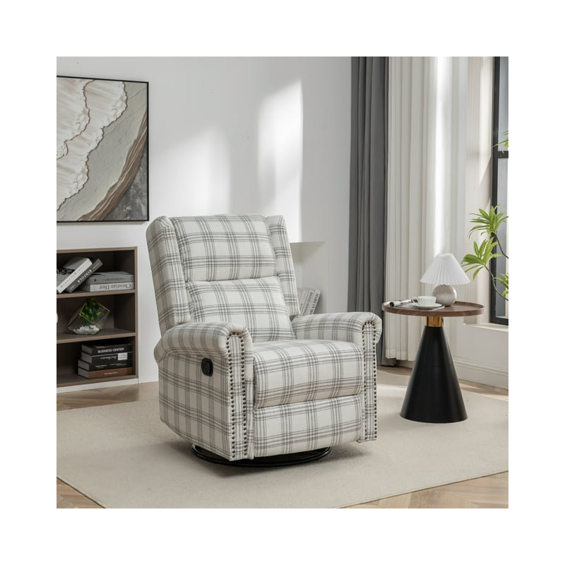 Jaq Upholstered Swivel Recliner, Gray Plaid Linen