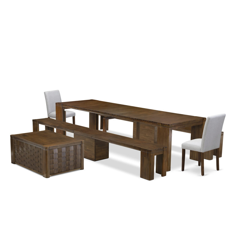 L'ensemble de salle à manger 6 pièces comprend une table de petit-déjeuner rectangulaire extensible, 1 table basse, 2 chaises de salle à manger et 2 bancs modernes, noyer antique