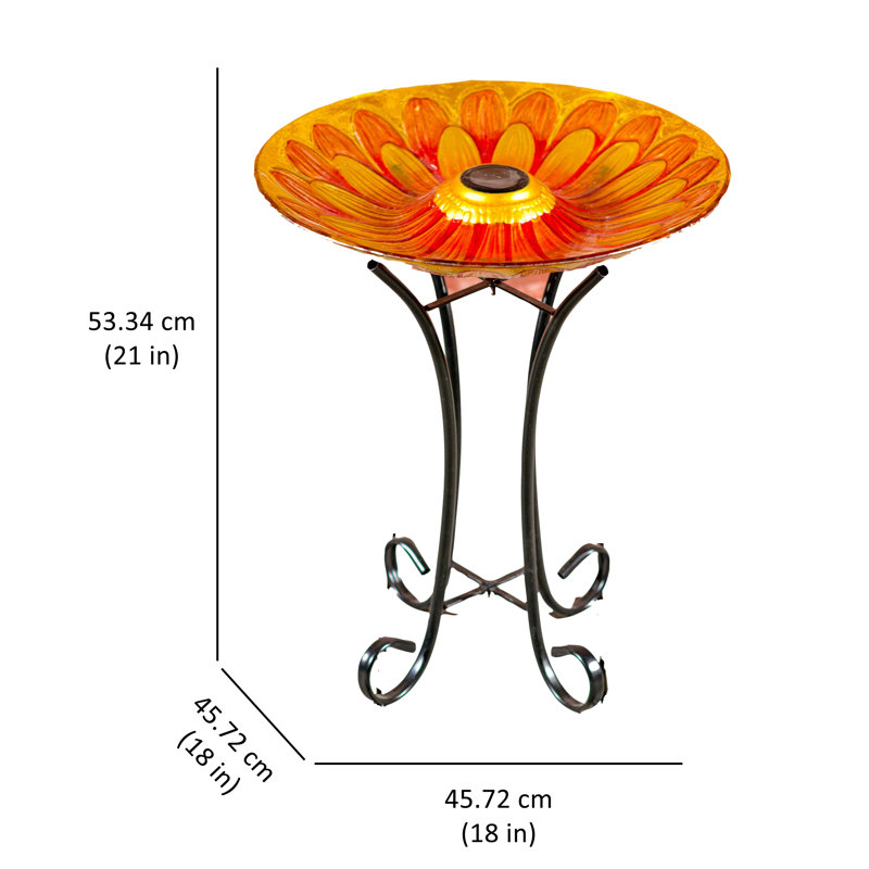 Solar Floral Glass Bird Bath with Metal Stand