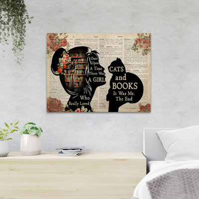 Petite fille et son chat, il était une fois une fille qui aimait vraiment les chats et les livres, impression sur toile