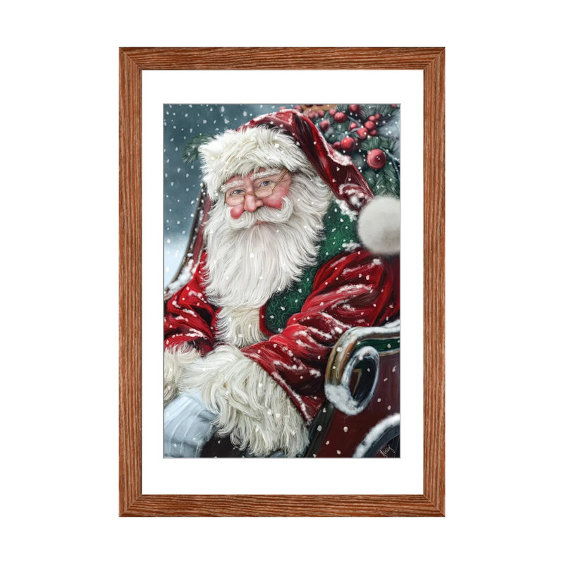 Père Noël en traîneau - reproduction d'art mural - papier d'art encadré, Brun