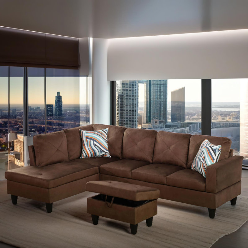 103" Verona Brown Flannel 3-Piece Left Facing Sectional Sofa Set With Chaise And Storage Ottoman, Left Hand Facing