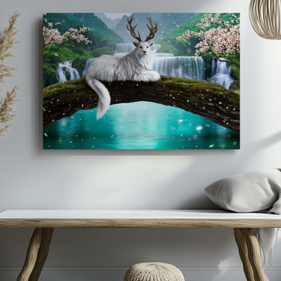 Toile, une majestueuse créature mythique ressemblant à un léopard blanc avec art mural long, fourrure fluide et bois doré orné