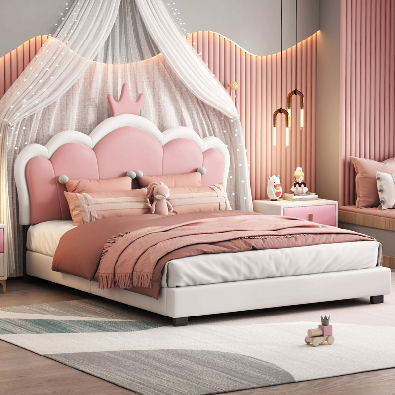 Lit princesse rembourré avec tête de lit couronne, lit plateforme avec tête de lit et pied de lit, Lit double, Crème