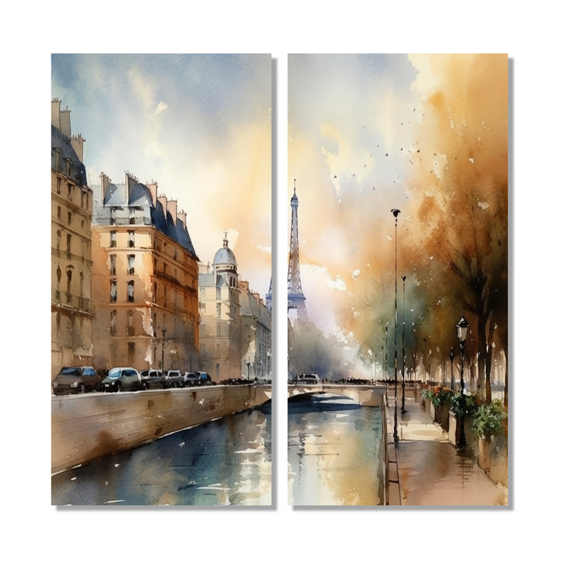 Magnifique paysage pastel de Paris - art mural traditionnel beige 2 panneaux, H 32 po x l 32 po, Toile tendue