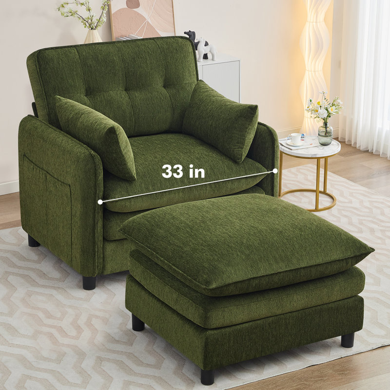 Deloni 41"W Upholstered Oversized Chenille Accent Chair with Ottoman Set for Living Room, with 2 Pillow, Green