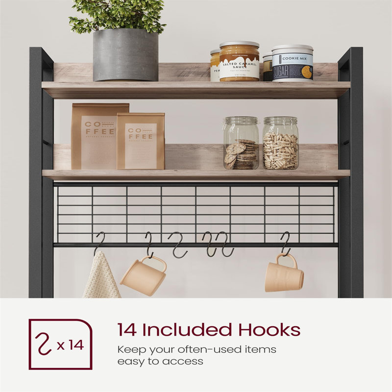 Kitchen Storage Rack With Power Outlet, Coffee Bar, Baker's Rack, With Metal Wire Panel,For Microwave, Steel Frame