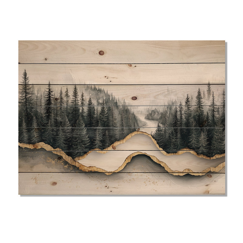 Cristal actuel dans la forêt d'hiver rivière I - décoration murale bois de forêt - sur bois de pin naturel, H 24 po x l 32 po