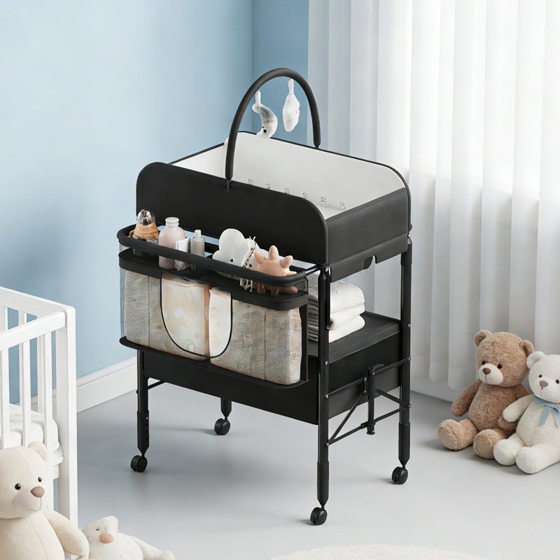 Table à langer pliable réglable en hauteur avec roulettes et tiroirs de rangement, Black