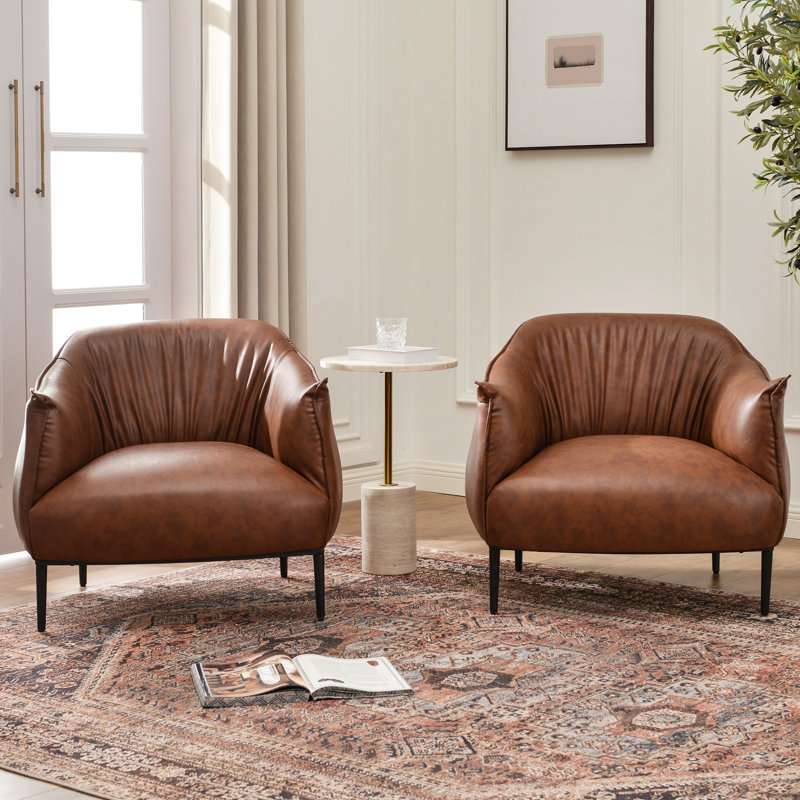 Arloh 2 - Pieces 33'' Wide Hand-Tufted Faux Leather Barrel Chair, Brown
