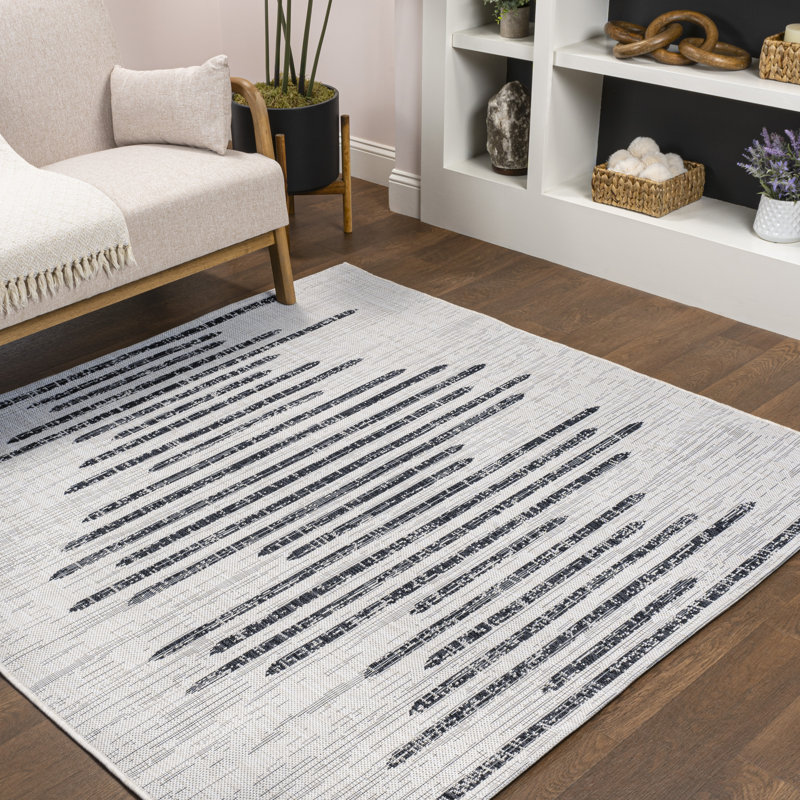 Exmore Berber Stripe Geometric Ivory/Black Indoor/Outdoor Rug, Square 9'