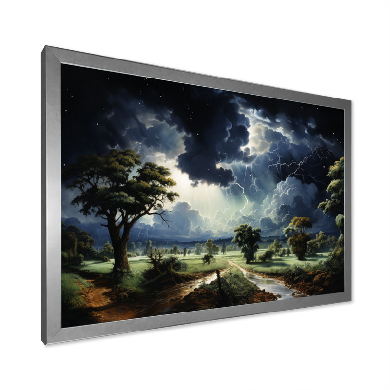 Tempête verte chassant la foudre sur toile, H 16 po x l 32 po x P 1 po, Cadre simple argenté
