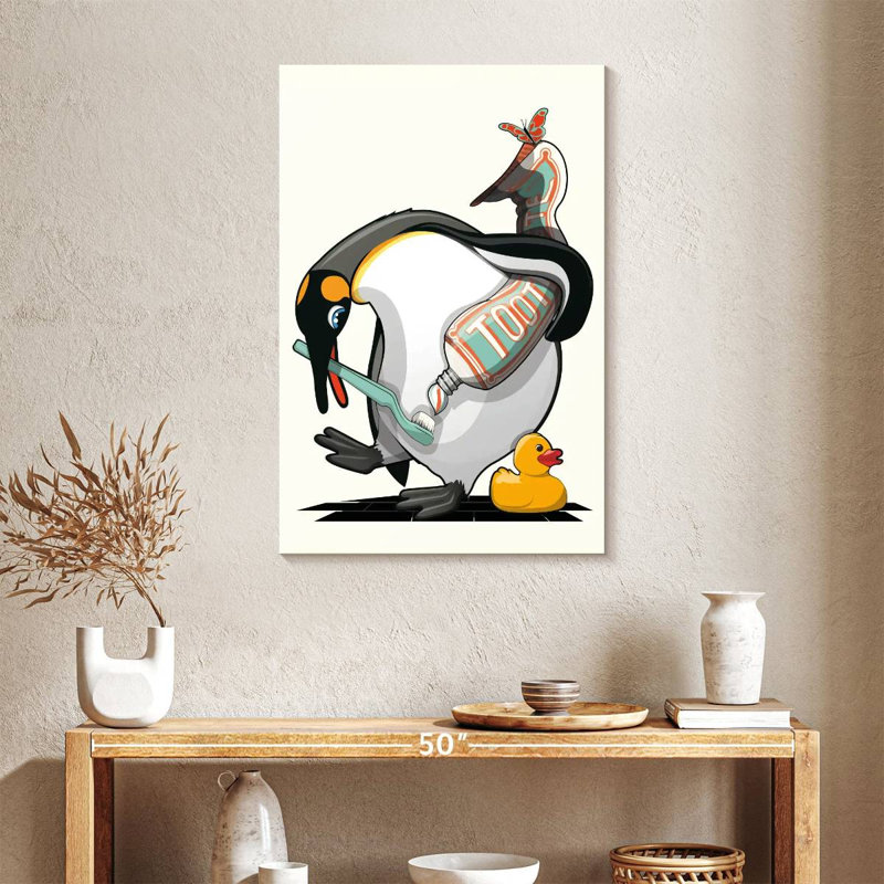 Penguin Brushing Teeth In Bathroom, 36" H x 24" W