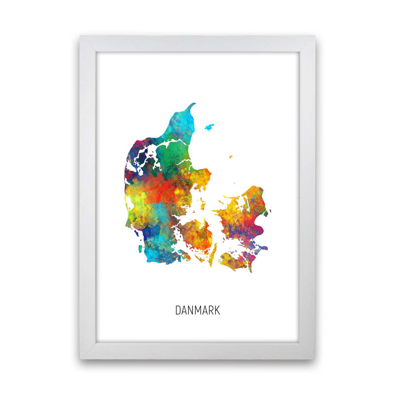 Danmark Watercolour Map by Michael Tompsett - Print, White Framed, 88cm H x 64cm W x 3cm D