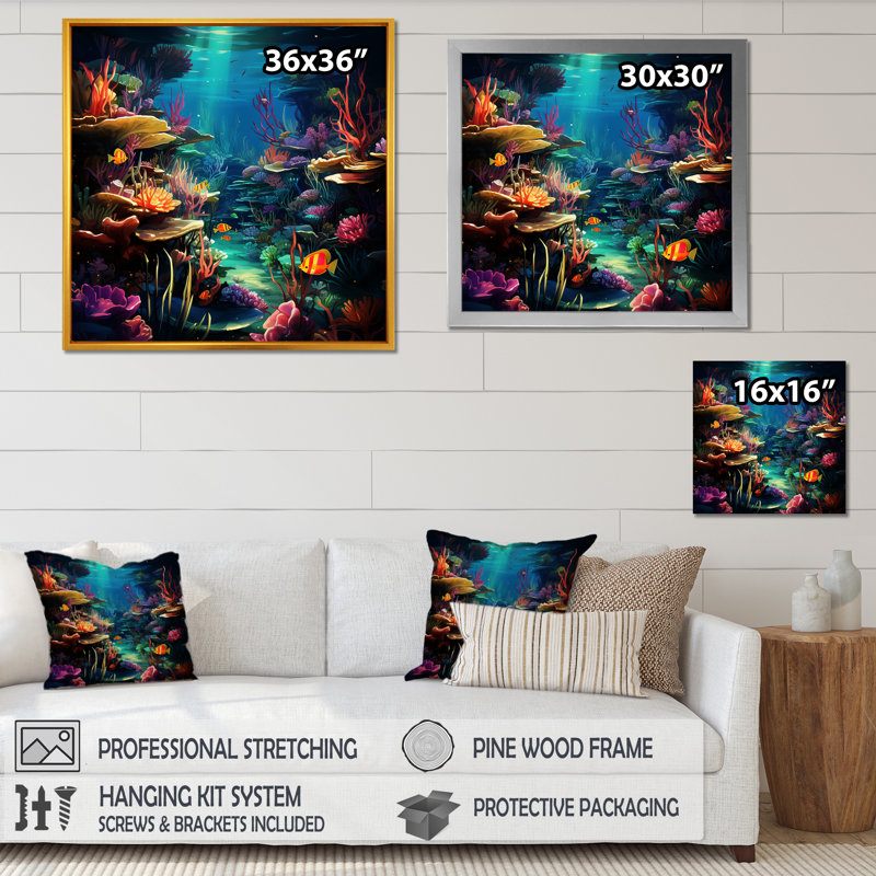 «Blue Underwater Reverie - Coastal Coral Under Water», art mural, Cadre flottant doré, H 36 po x l 36 po