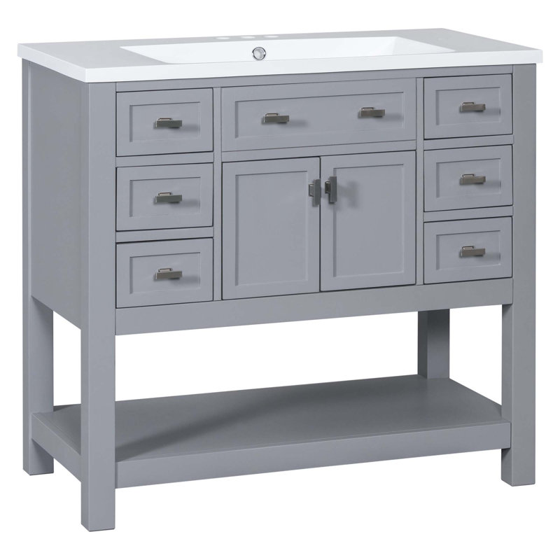 Meuble-lavabo moderne avec lavabo supérieur, 2 portes à fermeture douce et 6 tiroirs, Gris