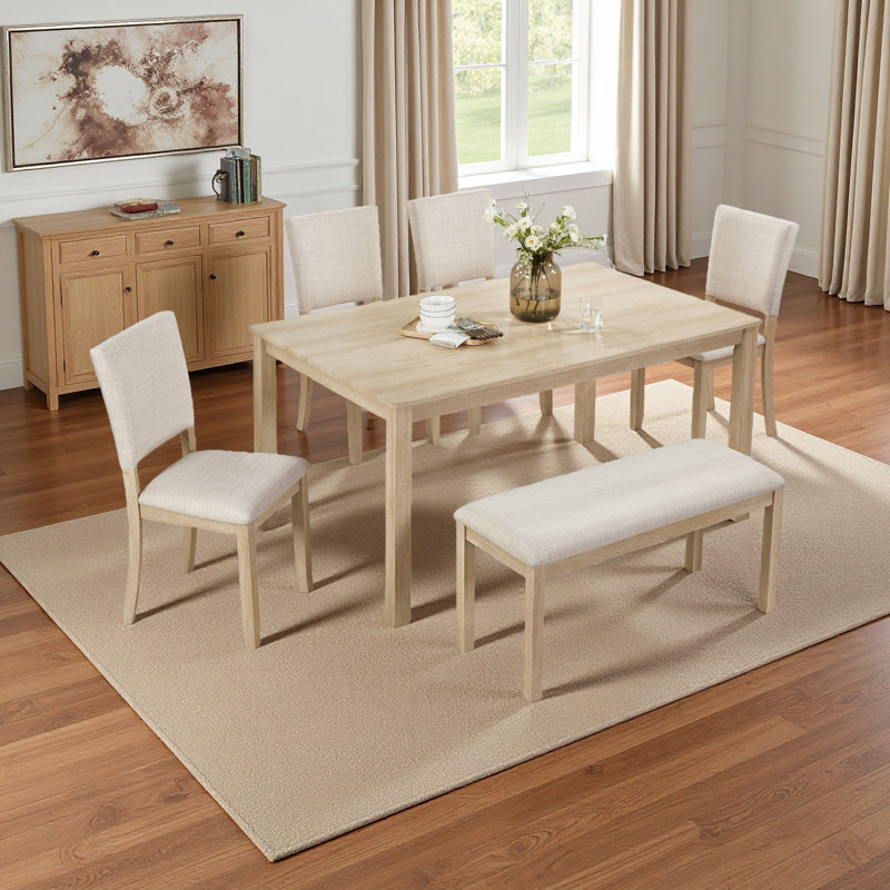 Ensemble de table de salle à manger 6 pièces avec banc, ensemble de table de cuisine rectangulaire en bois avec banc et 4 chaises rembourrées pour le salon, la cuisine, la salle à manger