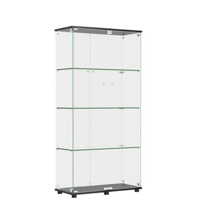 64" Floor Standing Glass Display Cabinet with Lock, 4 Adjustable Tempered Glass Shelves, Curio Bookshelf for Living Room, Office, Black