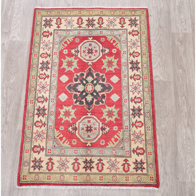 Tapis unique en laine noué à la main style Kazak rouge / beige des années 2010 de 2 pi 9 po x 4 pi Ninette