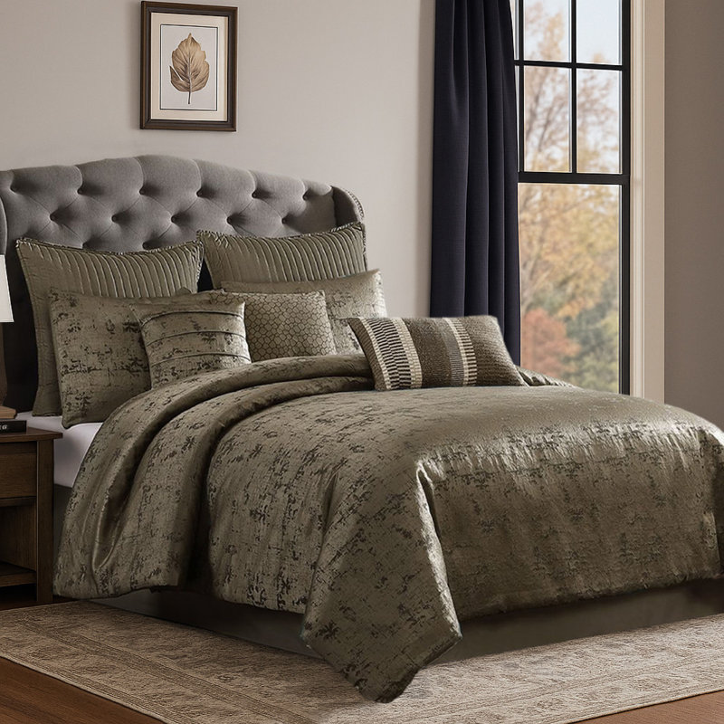 Ensemble de couette Beny 10 pièces, taille King, jacquard tissé doré traditionnel, King Comforter + 5 Euro/King Shams, Gold