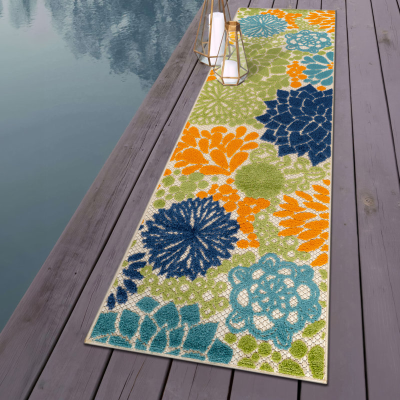 Tapis floral intérieur / extérieur beige / bleu marine / bleu sarcelle / vert / orange, Tapis de couloir de 2 pi x 7 pi