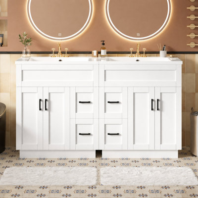 Meuble-lavabo de 60 po avec 4 portes d'armoire, 4 tiroirs, 2 tablettes réglables, deux lavabos en résine, des tiroirs cachés à fermeture en douceur et des charnières à fermeture en douceur