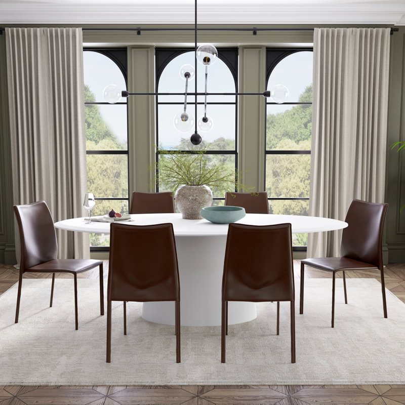 Deodat 79" Dining Table In Matte White And 6 Dalia Chairs In Brown, Brown
