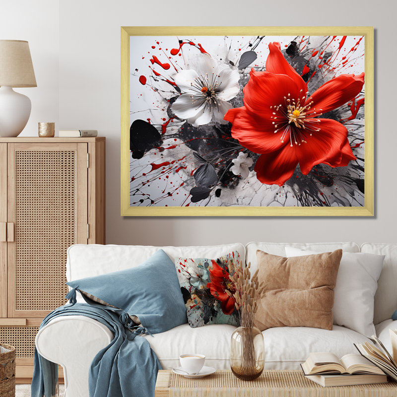 Red Grey Botanical Symphony I - Abstract Botanicals, reproduction d'art sur toile encadrée, H 12 po x l 20 po, Doré