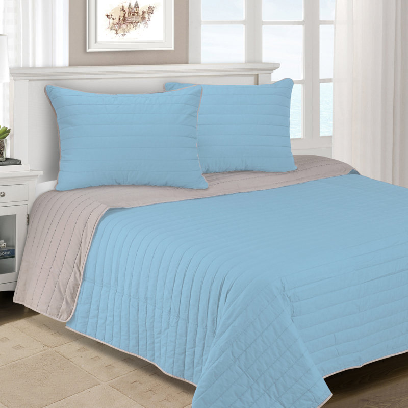 Ensemble de courtepointe réversible Brandon, Bleu clair, Courtepointe double / grand + 2 taies décoratives