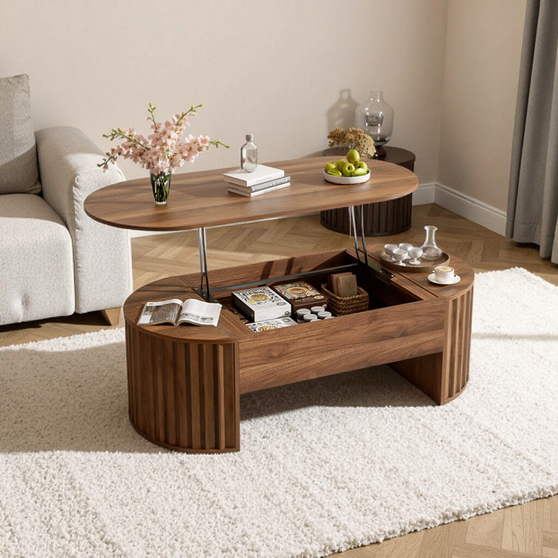 Table basse à plateau relevable de 47,2 po avec compartiment caché, table centrale en bois partiellement assemblée, plateau de table ovale moderne pour le salon (ANCIEN SKU: N724P228921D)