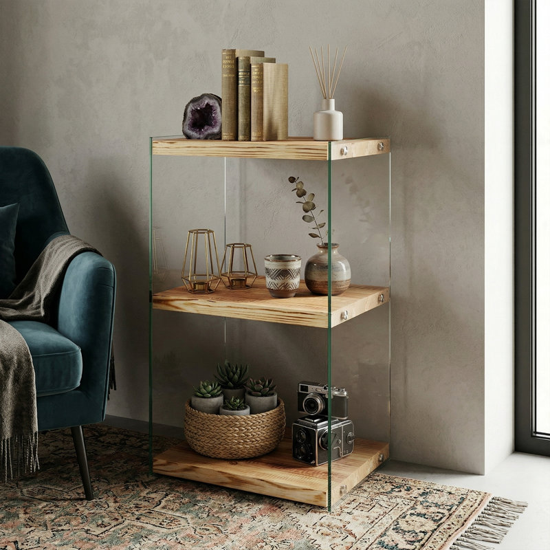 Linden 32" Solid Pine and Glass Etagere Bookcase