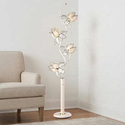 73" Tall Floor Lamp, 4 White and Gold Flower Shaped Lights with Crystal Accents
